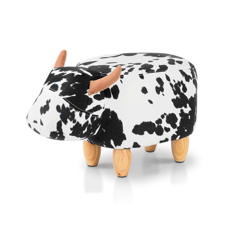 Cow Stool Childs Seat Wooden Pouffe Fabric Footrest Padded in White Black