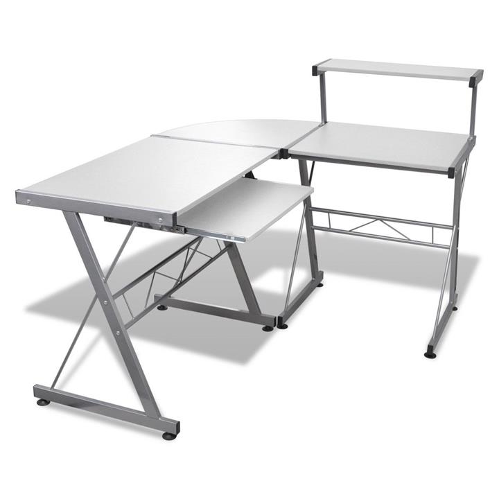 Corner Computer Desk Office Table Pull-Out Keyboard Tray Shelf White