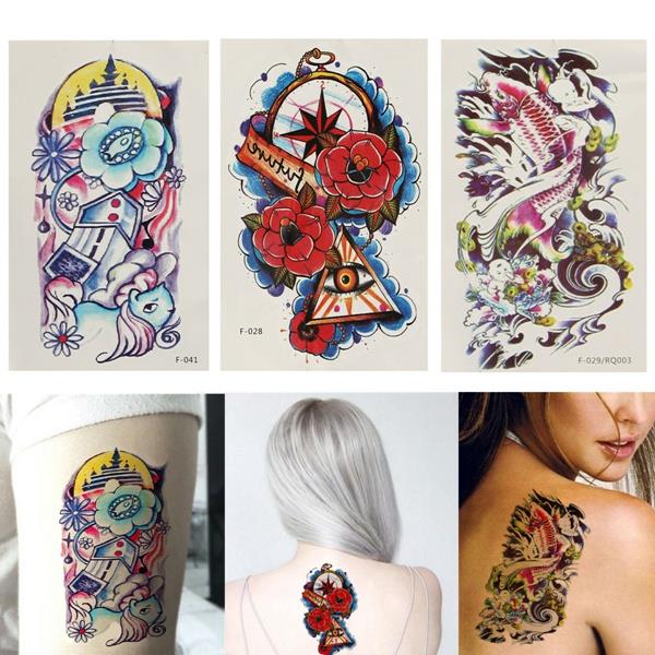 Colorful Fish Flower Pattern Totem Arm Back Temporary Tattoo Sticker Decal