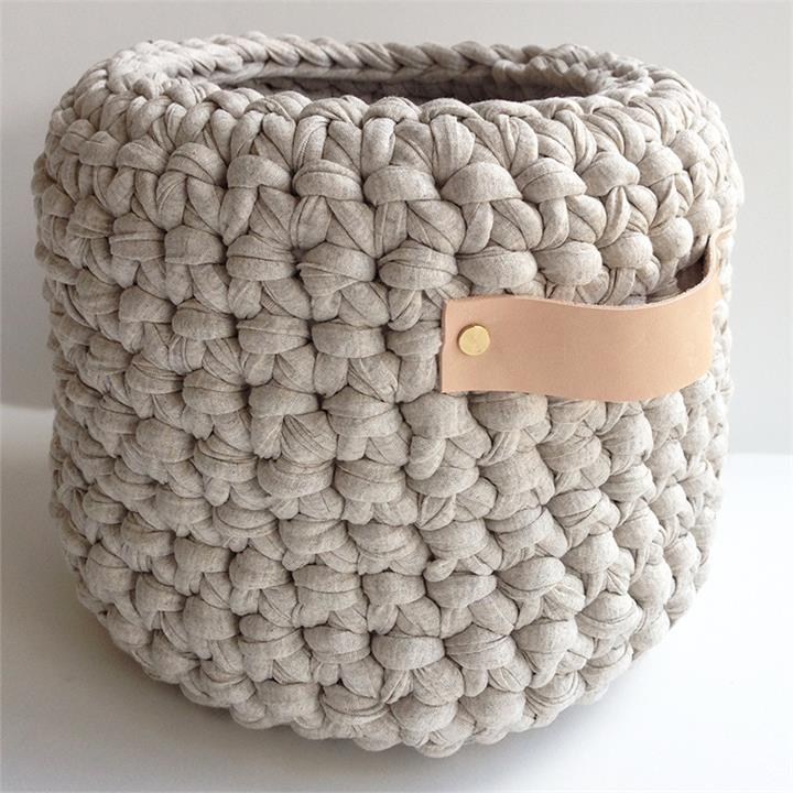 Crochet Basket with Leather Handles