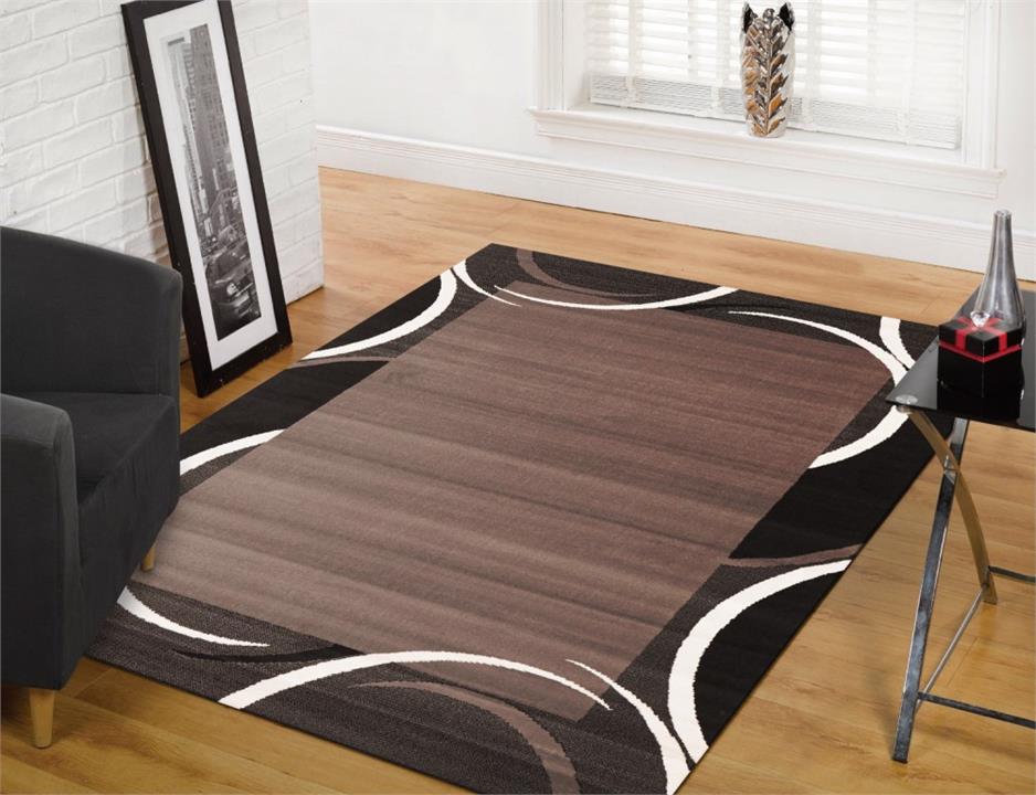 Crescent Border Pattern Rectangular Floor Rug Black Grey