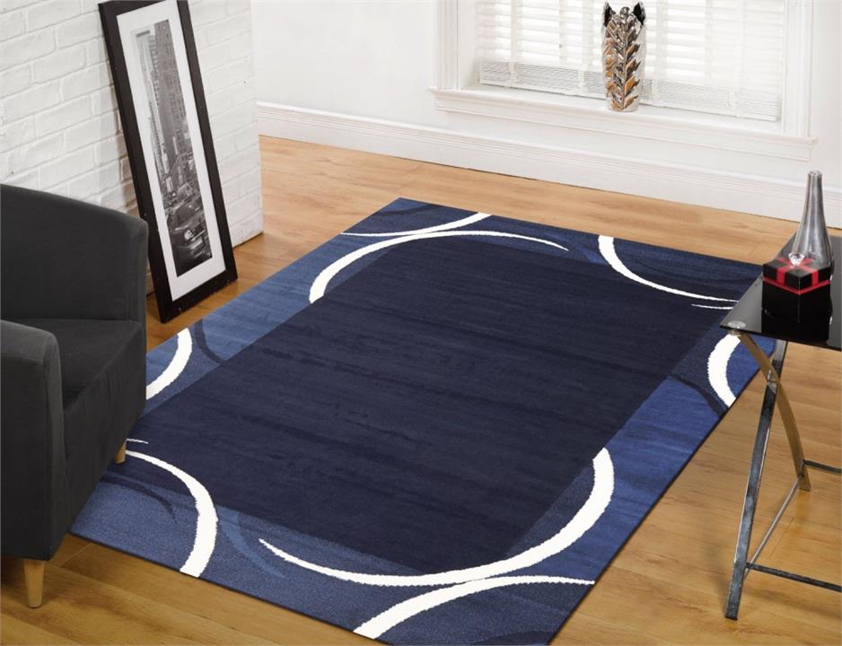 Crescent Border Pattern Rectangular Floor Rug Navy Blue