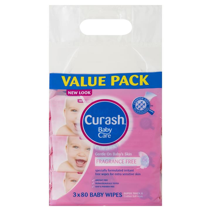 Curash Babycare Fragrance Free Baby Wipes 80 X 3