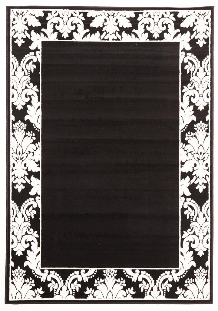 Damask Border Pattern Rectangular Floor Rug Black White