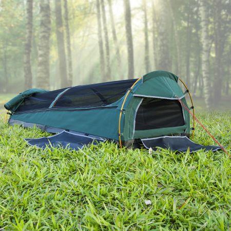 Deluxe Outdoor Camping Canvas Swag Aluminium Poles Tent King Single - Green