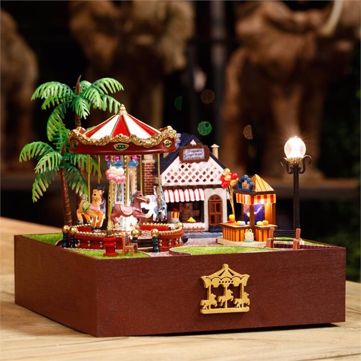 Dollhouse Miniature Playground Carousel Model DIY KIT Music Box With Light