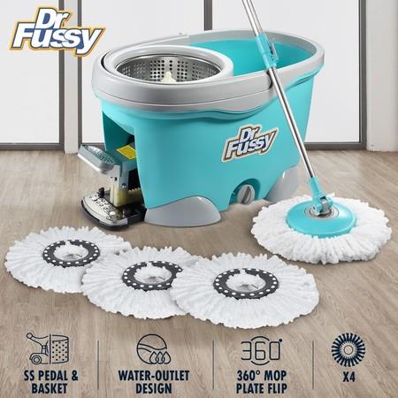 DR FUSSY 9L Magic Spin Swivel Mop Bucket System with 4 Bonus Heads - Blue