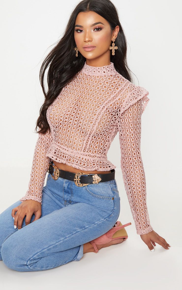 Dusty Pink Crochet High Neck Blouse