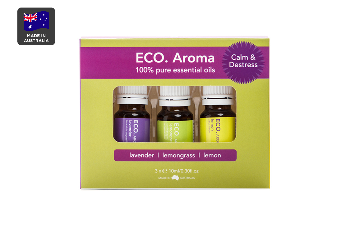 ECO. Aroma Calm & Destress Essential Oil Trio (Lavender, Lemon & Lemongrass)