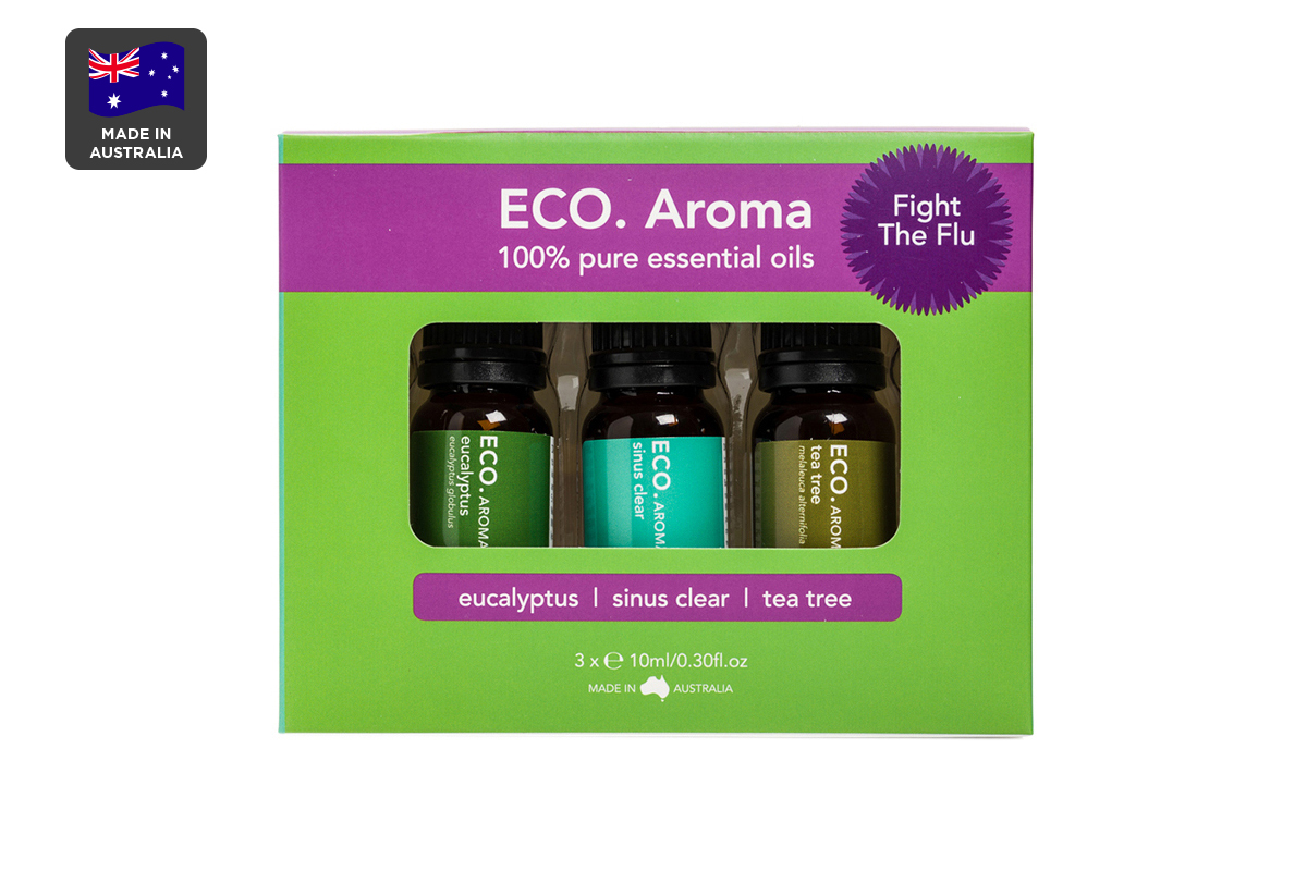 ECO. Aroma Fight the Flu Essential Oil Trio (Eucalyptus, Sinus Clear & Tea Tree)