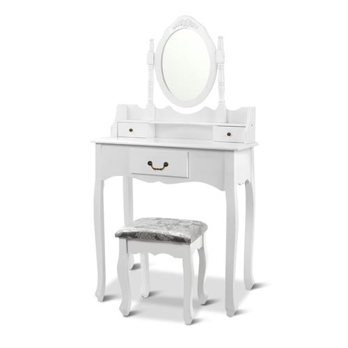 Elegant Dressing Table Stool w/ Mirror Jewellery Cabinet w/ 3 Drawers White