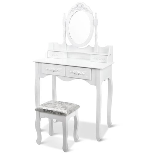 Elegant Dressing Table Stool w/ Mirror Jewellery Cabinet w/ 4 Drawers White