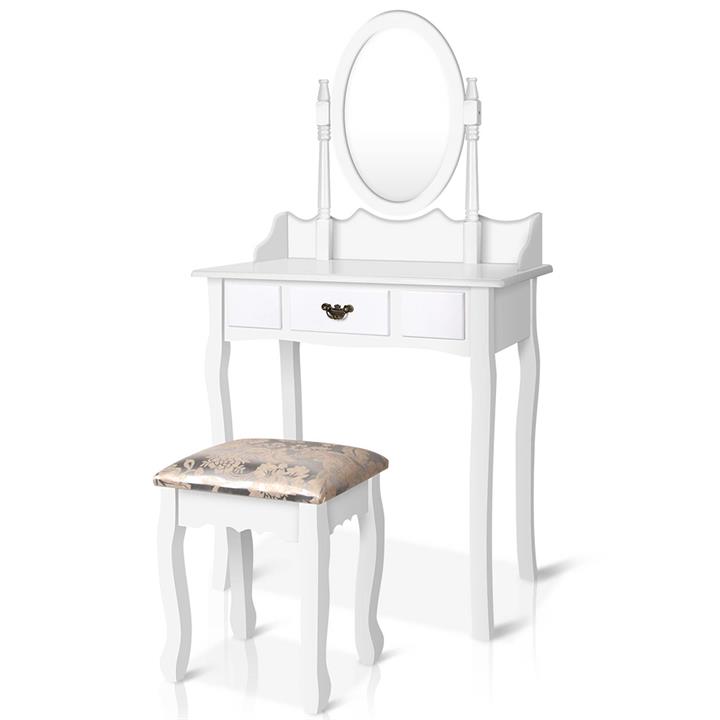 Elegant Dressing Table Stool w/ Mirror Jewellery Cabinet w/ 1 Drawer White