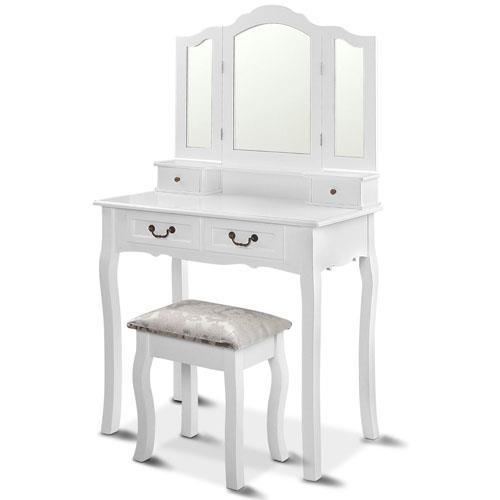 Elegant Dressing Table Stool w/ 3 Mirror Jewellery Cabinet w/ 4 Drawers