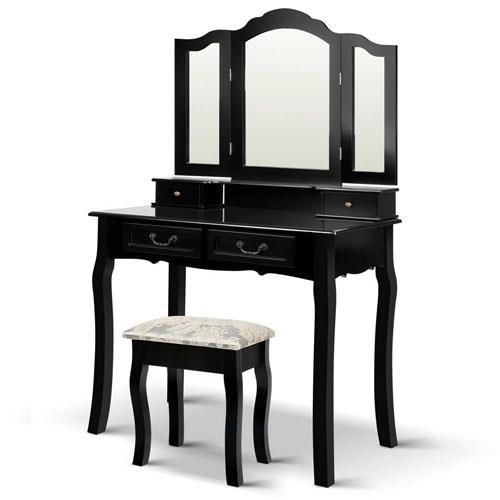 Elegant Dressing Table Stool w/ 3 Mirror Jewellery Cabinet w/ 4 Drawers Black