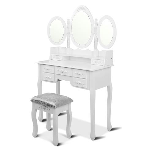 Elegant Dressing Table Stool w/ Mirror Jewellery Cabinet w/ 7 Drawers White