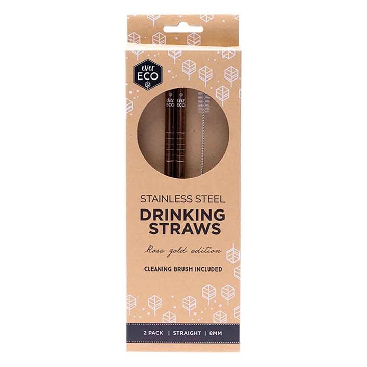 Ever Eco Rose Gold Straws (Straight) 2 Pack + Cleaning Brush