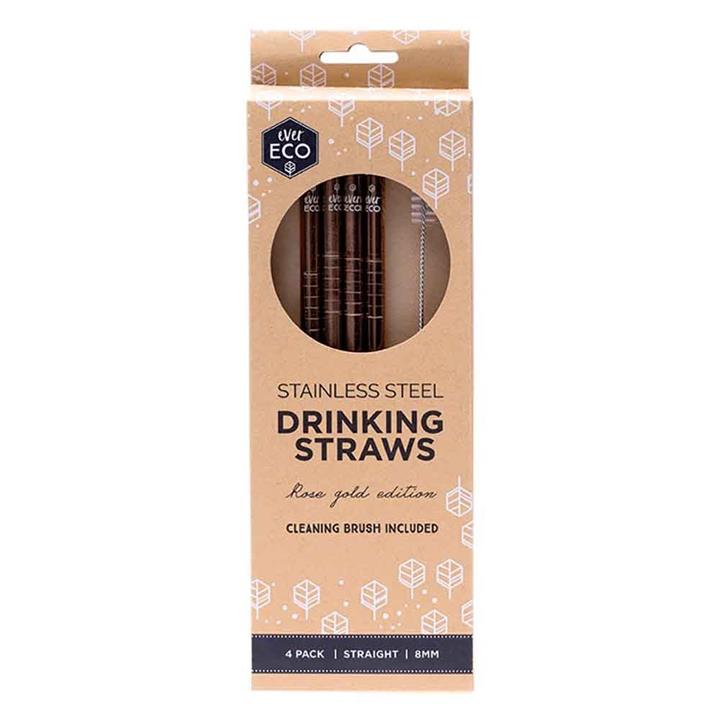 Ever Eco Rose Gold Straws (Straight) 4 Pack + Cleaning Brush