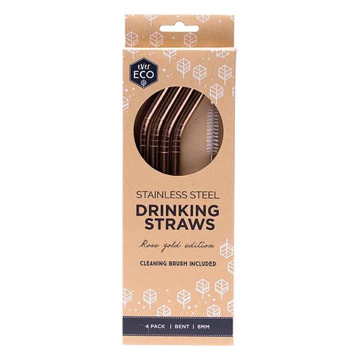 Ever Eco Rose Gold Straws (Bent) 4 Pack + Cleaning Brush