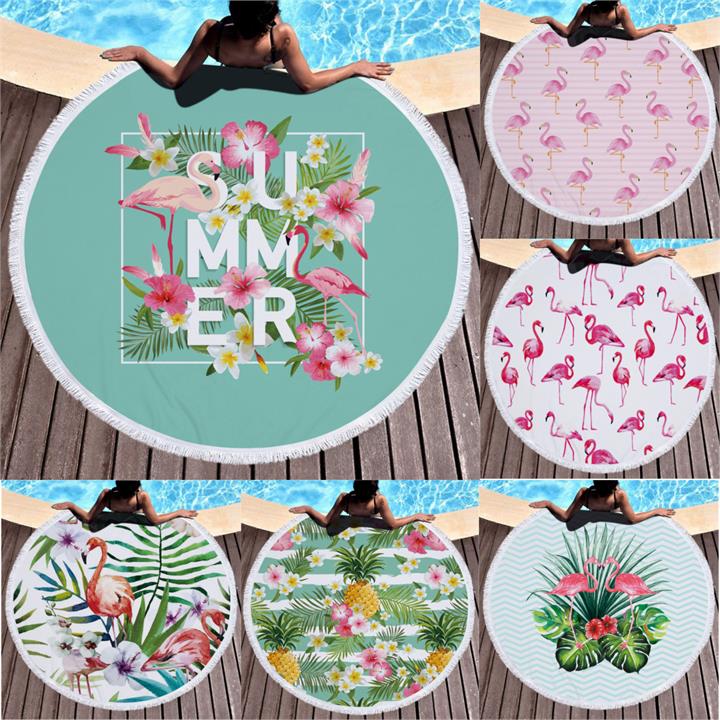 Fashion Flamingo Round Beach Towel With Tassels Microfiber 150cm Picnic Blanket Beach Cover Up