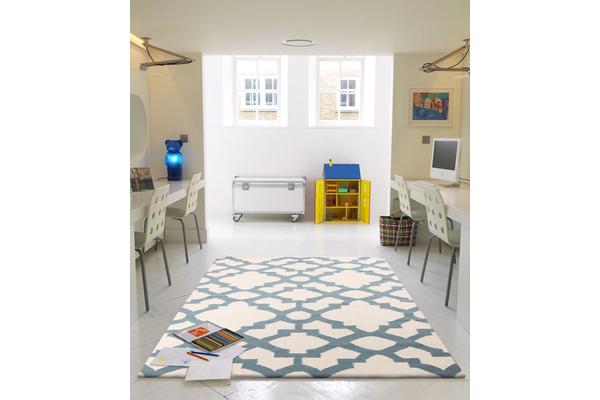 Flat Weave Trellis Design White Blue Rug 225x155cm