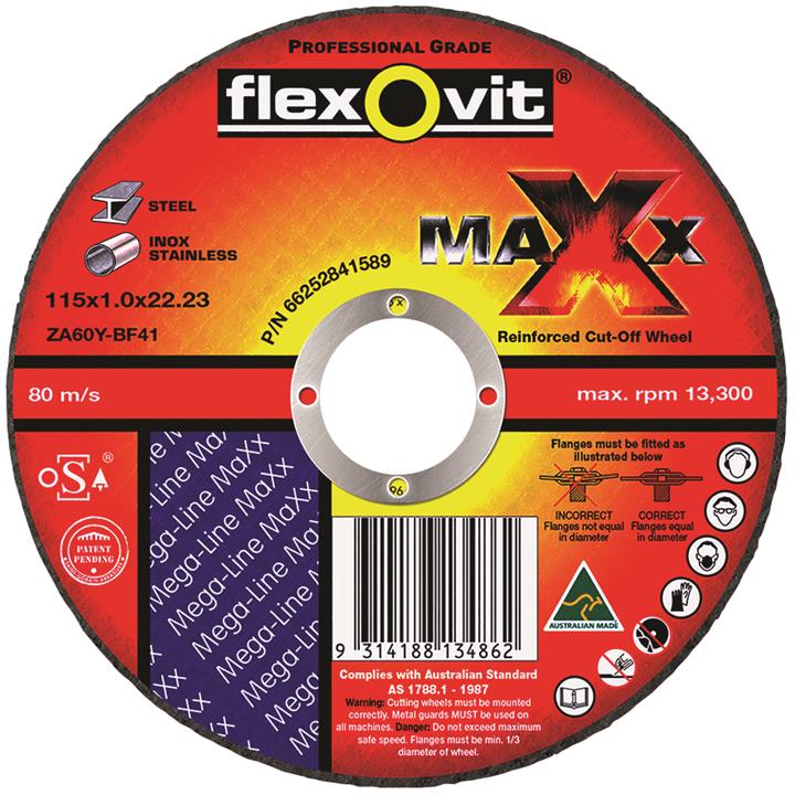 Flat Ultra Thin Cut Off Wheel - Metal - 115mm x 1mm x 22mm - Flexovit Maxx