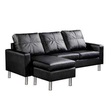 Four Seater Faux Leather Sofa with Ottoman - Black