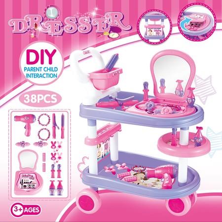 Girls Vanity Makeup Dressing Table Playset Pretend Toys Kit w/Wheels - Pink and White