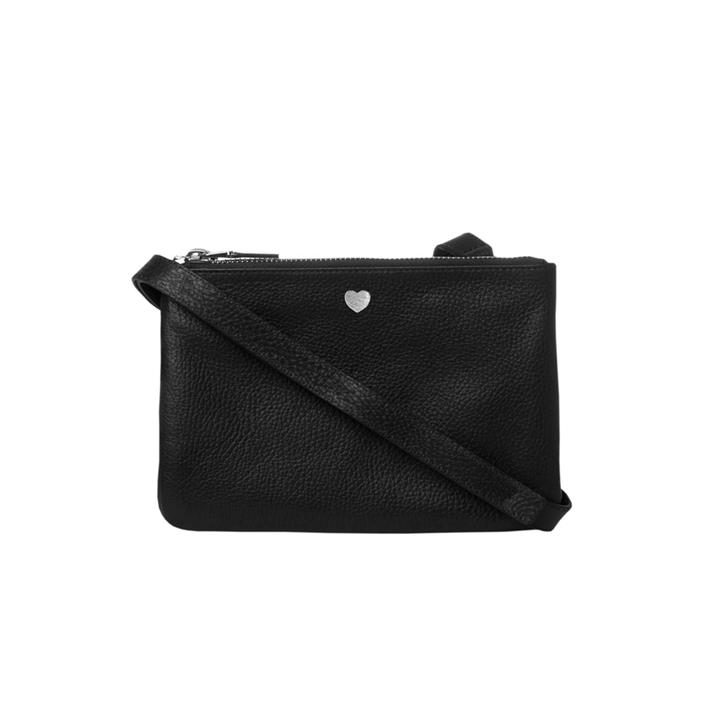 Grainy Black Double Pouch Cross Body Bag (Silver Zip)