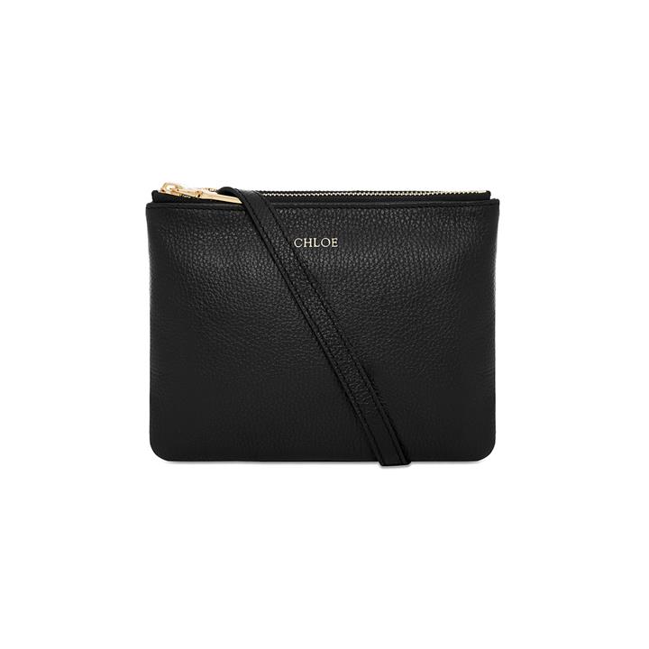 Grainy Black Double Pouch Cross Body Bag (Gold Zip)