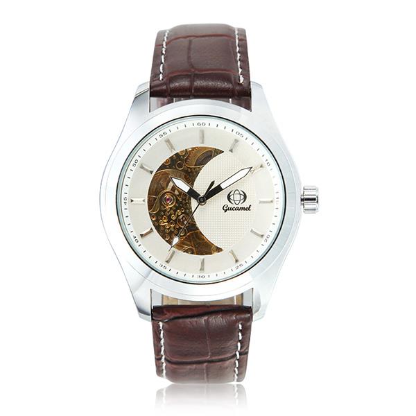 Gucamel CT02 Skeleton PU Leather Band Mechanical Men Watch