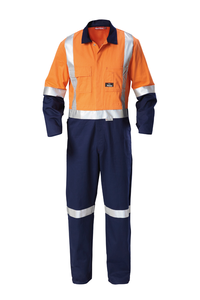 Hard Yakka Men's Overalls - Hi-Visibility Two Tone Cotton Drill Coverall with 3M Tape - Orange/Navy - 89 L