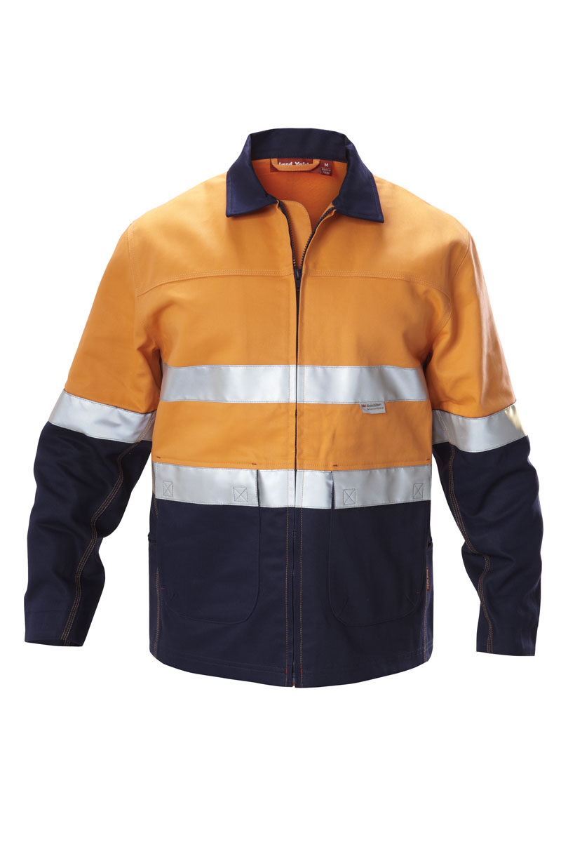 Hard Yakka Men's Jackets - Hi-Visibility Two Tone Cotton Drill Work Jacket with 3M Tape - Orange/Navy - 3XL