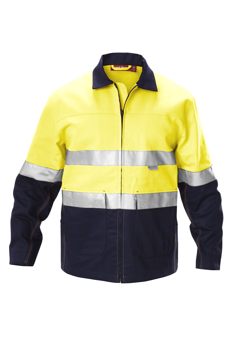 Hard Yakka Men's Jackets - Hi-Visibility Two Tone Cotton Drill Work Jacket with 3M Tape - Yellow/Navy - 3XL