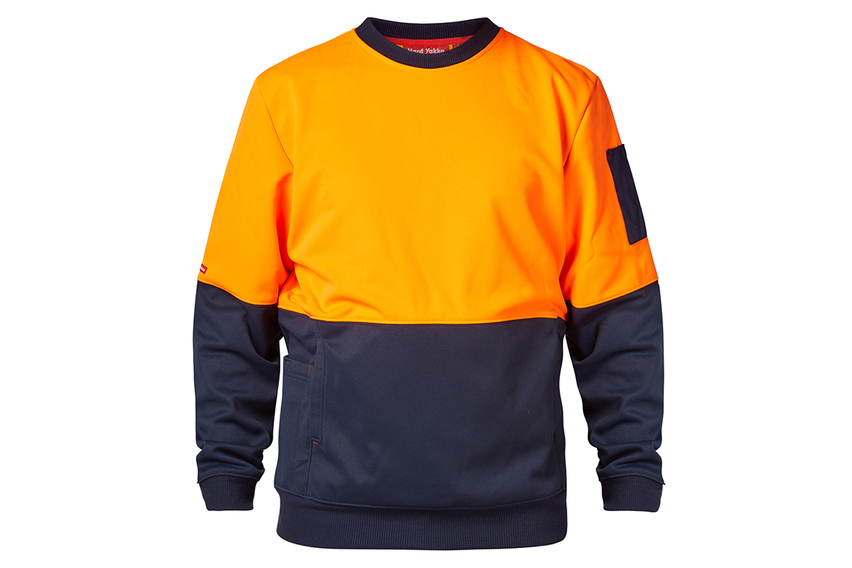 Hard Yakka Men's Hi-Vis Two Tone Brushed Fleece Crew Neck Jumper (Orange/Navy, Size 2XL)