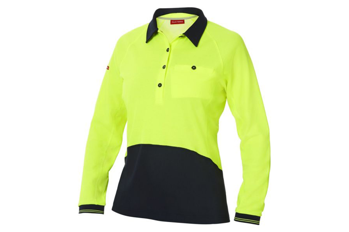 Hard Yakka Women's Koolgear Hi-Vis Long Sleeve Polo (Yellow/Dark Navy, Size M)