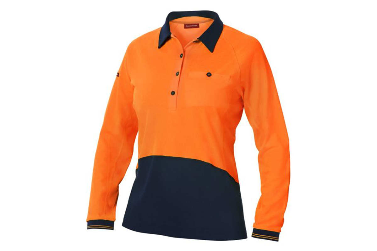 Hard Yakka Women's Koolgear Hi-Vis Long Sleeve Polo (Orange/Dark Navy, Size 2XL)