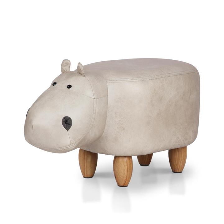 Hippo Stool Childs Seat Wooden Pouffe Fabric Footrest Padded Beige