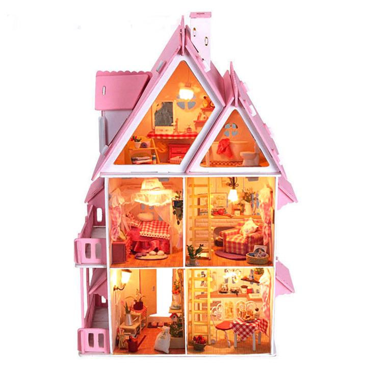 iiecreate DIY Wood Dream Doll House With Light Miniature And Furniture Large Villa