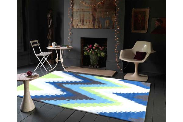 Ikat Chevron Blue Green Rug 225x155cm