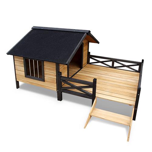 i.Pet Extra Large Dog Kennel w/ Deck Timber Asphalt Raised Bed Porch Black