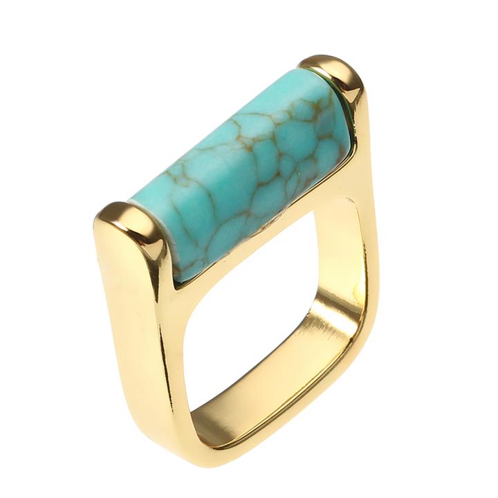 JASSY 18K Gold Plated Blue Turquoise Ring Vintage Simple Style Fine Jewelry for Women