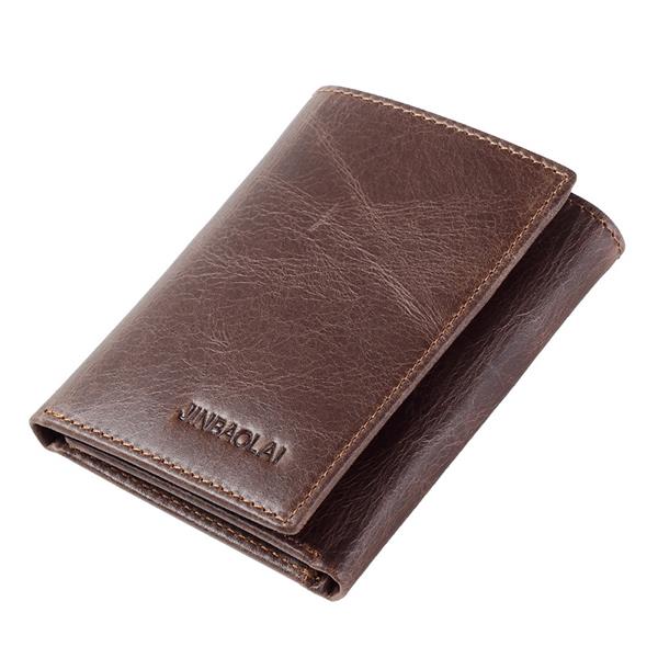 JINBAOLAI Men Genuine Leather Minimalist Tri-fold Wallet Classic Vintage Multicard Card Holder