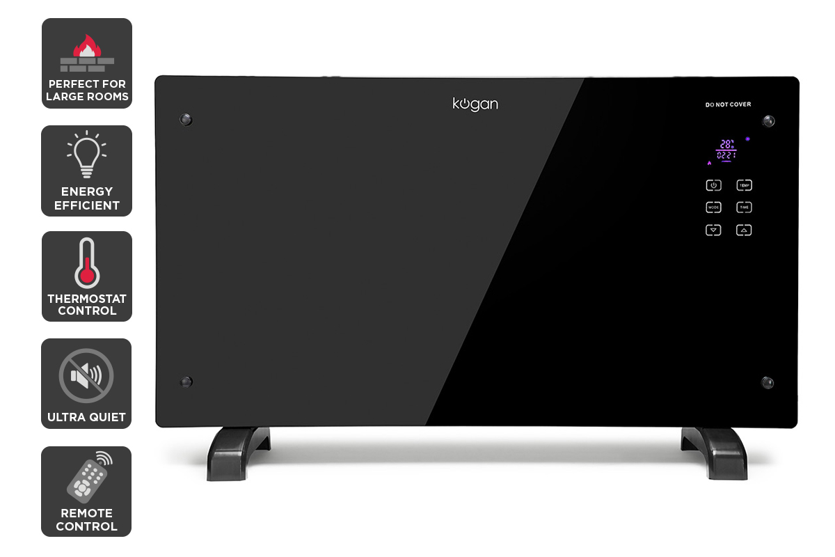 Kogan 2000W Black Glass Portable Electric Panel Heater