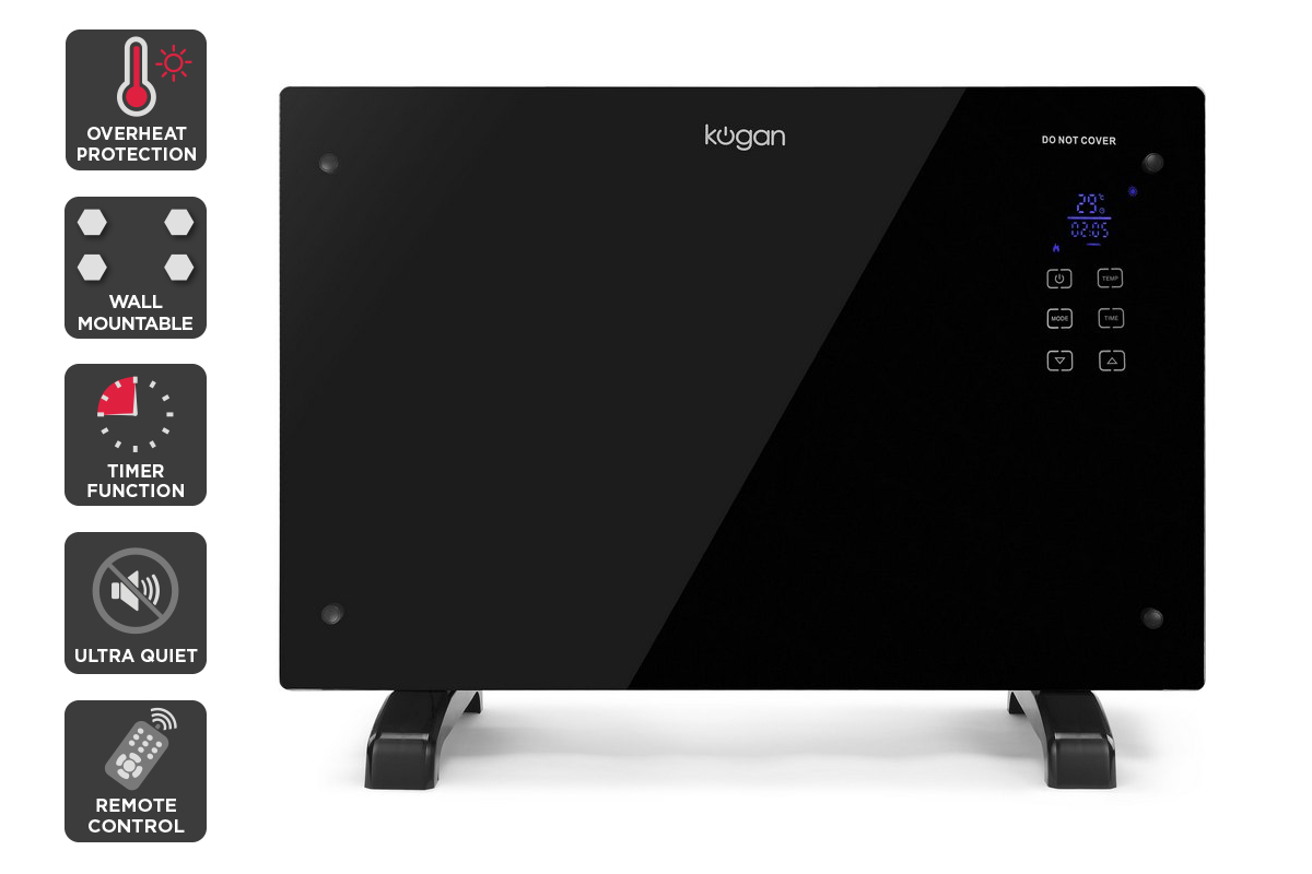 Kogan 1500W Black Glass Portable Electric Panel Heater