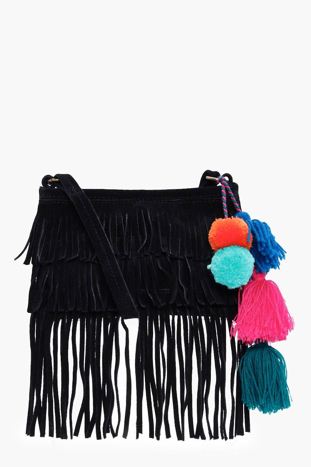 Lacey Suede Leather Pom Cross Body Bag