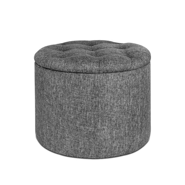 Linen Fabric Storage Ottoman Round Footstool Pine Timber Padded Seat Grey