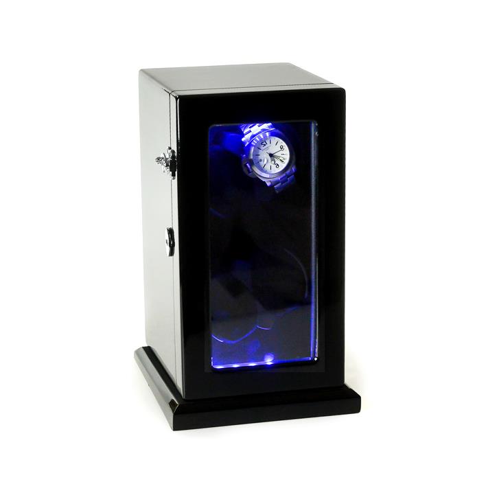 Luxury wooden Watch Winder quad black leather w/ LED