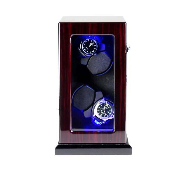 Luxury wooden Watch Winder quad ebony leather w/ LED