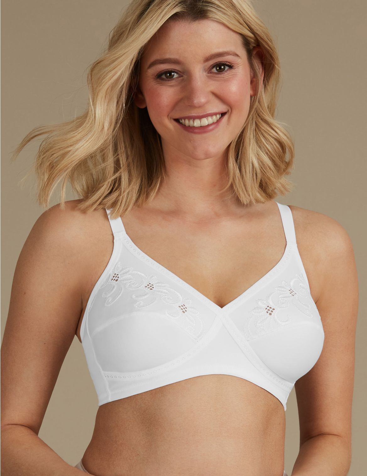 Marks & Spencer Floral Embroidered Crossover Non-Wired Full Cup Bra A-E - White - 42-C